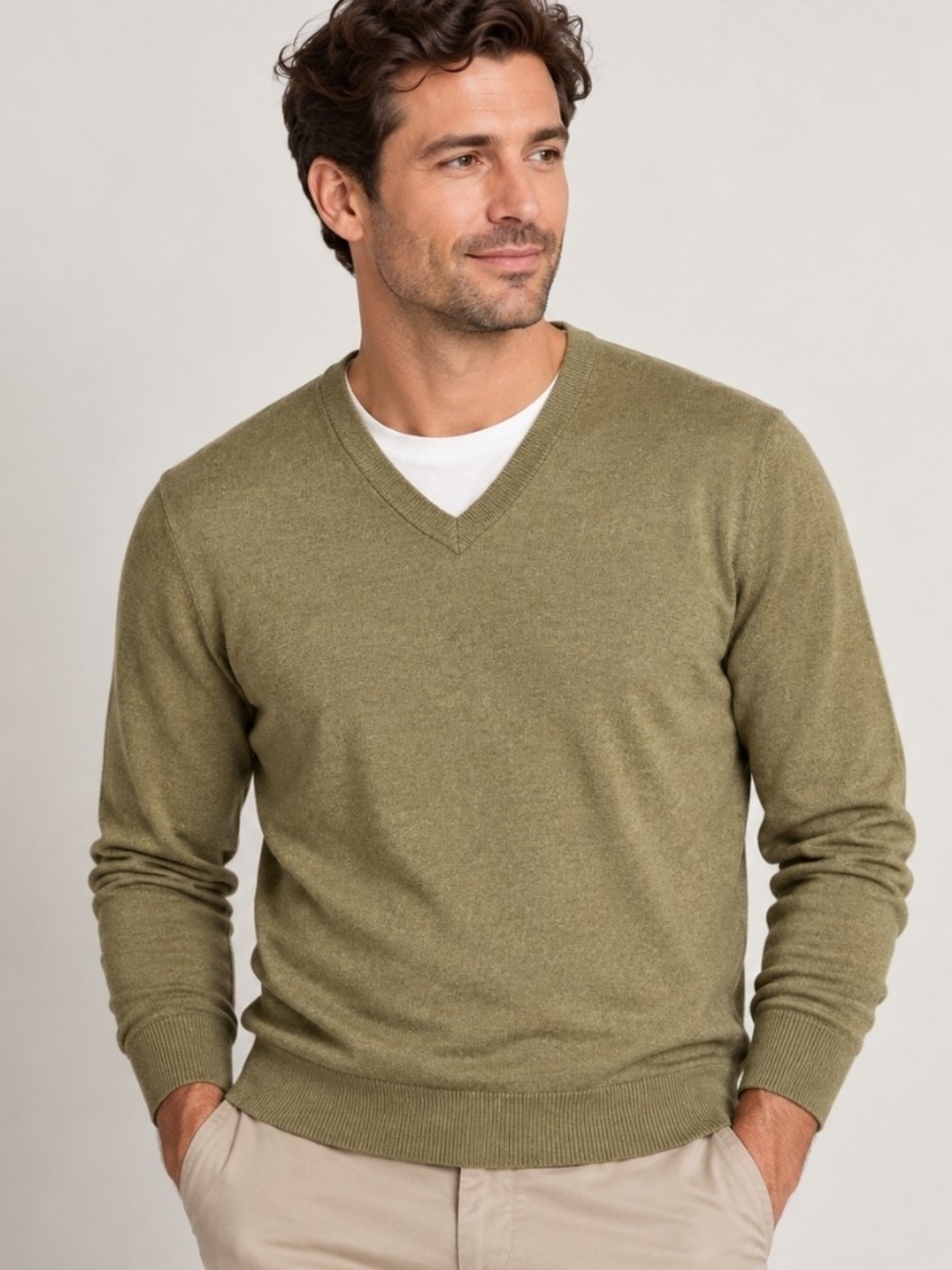 Banana Republic Luxury Blend Sweater Mens M Silk Cashmere V Neck Olive Preppy